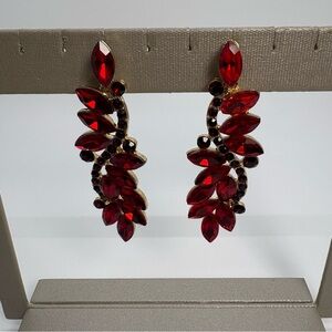 Red Crystal Statement Drop Rhinestone Gold Tone Earrings